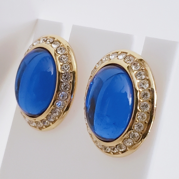 Yves Saint Laurent YSL Saphire Glass Cabachon Earrings with Rhinestone Gold Tone - Picture 2 of 7